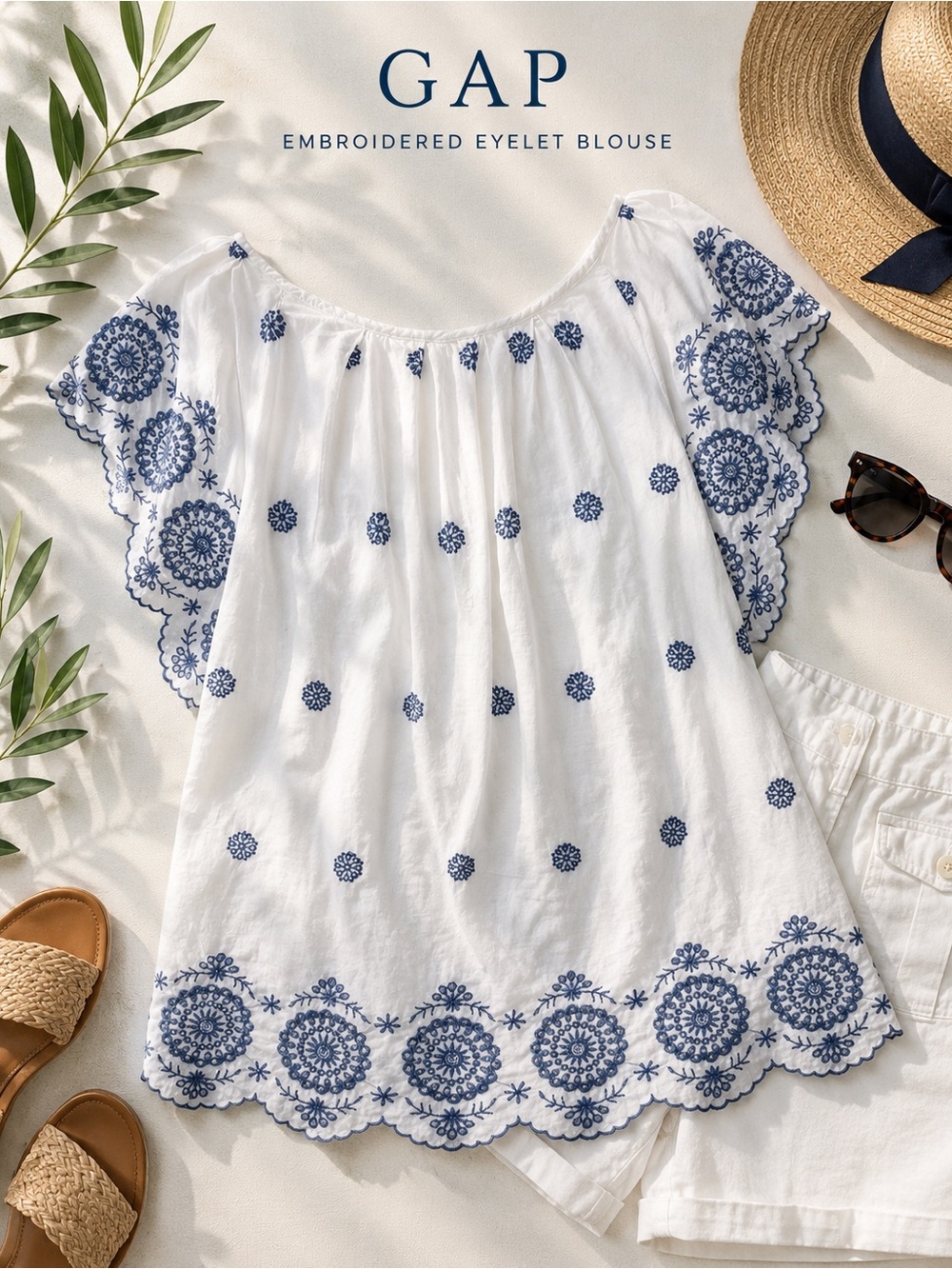 GAP White Blue Embroidered Eyelet Blouse Scallop Sleeve Boho Top Women Size M